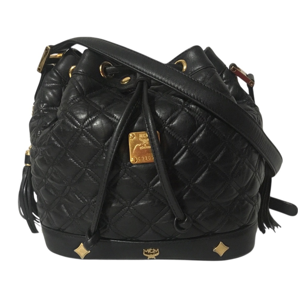 MCM Black Quilted Leather Drawstring Bucket Bag Small